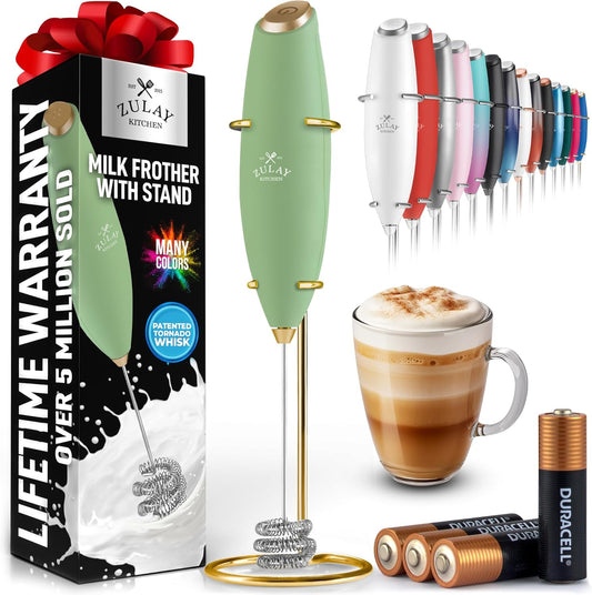 Zulay Kitchen Tornado Triple Whisk Milk Frother - Handheld Foam Maker for Coffee, Lattes & More - Olive & Gold