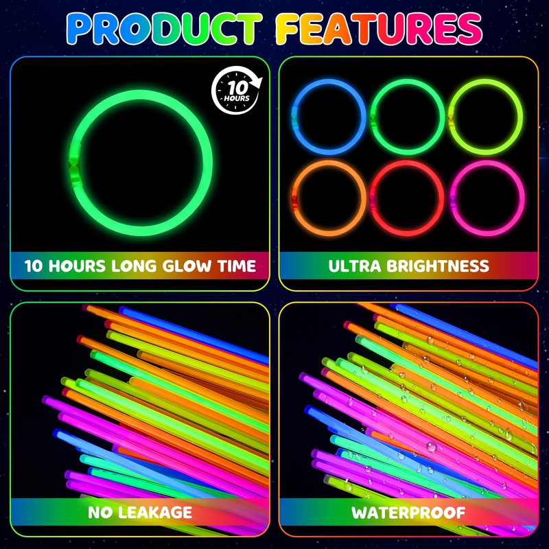 Mega-L 1000 Pcs Glow Sticks Bulk Party Pack, Glow in the Dark Party Supplies, 8" Ultra Bright Glow Necklaces and Bracelets with Connectors for Neon Glow Birthday Pool Party, New Years Eve Party Favors