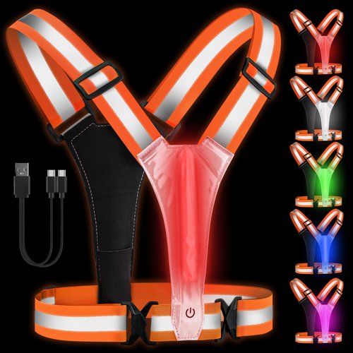 HENMI LED Reflective Running Vest,Rechargeable Running Gear,3 Lighting Modes and 5 Lights Colors Reflective Vest for Running Cycling Walking(Orange)