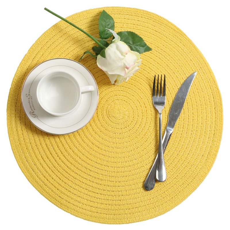 SHACOS Round Braided Placemats Set of 4 Washable Kitchen Table Place Mats Doilies Table Mats for Home Wedding Party Dining Table Decor (Yellow, 4)