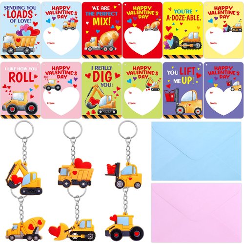Fancy Land Construction Valentines Cards with keychains 30 Pack Classroom Kids Valentine's Day Cards with Keychains Exchange Gift Set Boys Girls Goody Bag Favors Truck Tractor