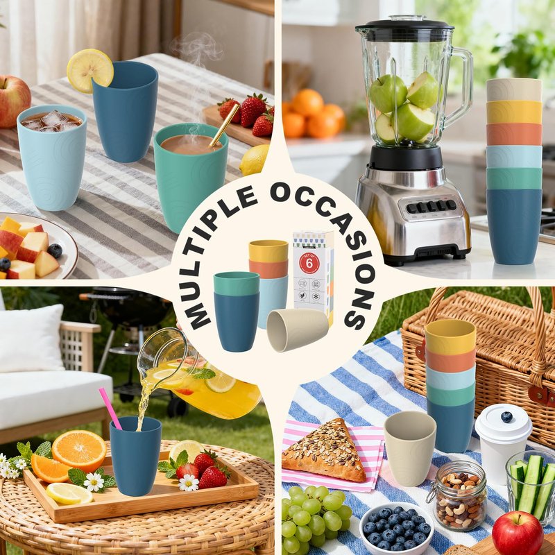 Perlapoc Wheat Straw Cups, Plastic Cups Reusable, Unbreakable Drinking Glasses Set of 6, Plastic Cups for Kitchen Camping Outdoor, 16 OZ Dishwasher Safe Tumblers & Water Glasses, Multi