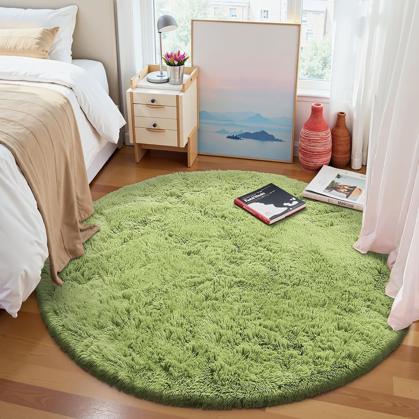 OLANLY Round Grass Green Area Rug - Soft, Fluffy, Machine Washable 4 ft Circle Carpet for Bedrooms & Nurseries