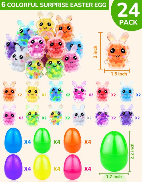 Easter Basket Stuffers 24 Pack Prefilled Easter Eggs with Bunny Stress Ball Fidget Toy 12 Color Squeeze Squishy Relief Toy for Kids Boys Girls Filler Easter Egg Hunt Party Favors Gifts Classroom Prize