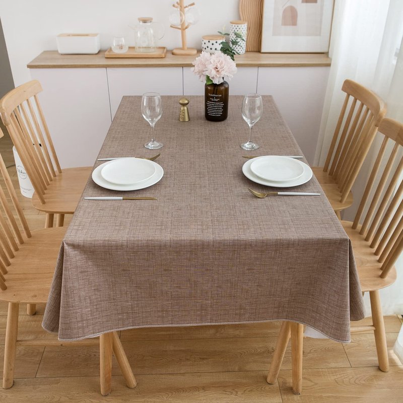 Pioggia Vinyl Tablecloth with Flannel Backing Rectangle Waterproof Oil-Proof Plastic Table Cloth Wipeable PVC Table Cover for Indoor and Outdoor (Linen, 60 x 102 Inch)