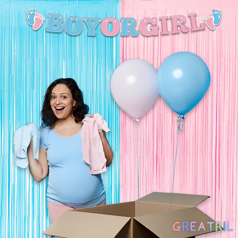 Pink and Blue Party Photo Backdrop - GREATRIL Foil Fringe Tinsel Streamers for Gender Reveal/Pastel/Easter/Birthdays Party Decorations - 3.2ft X 8.2ft - 2 Packs