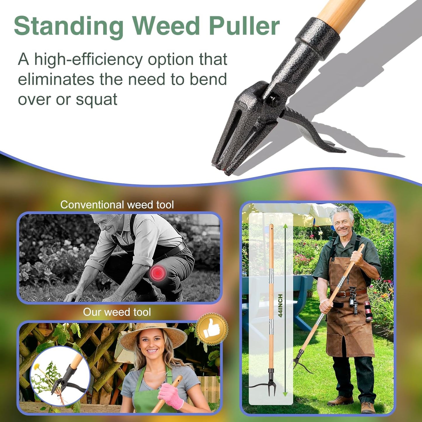 Skiennix Stand-Up Weed Puller Tool - 4-Claw Steel Head with Wooden Handle | Effortlessly Remove Weeds Without Bending