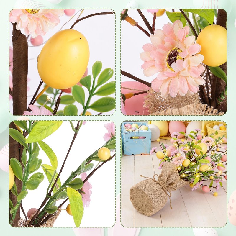 Easter Decorations, Pre-Lit Easter Egg Tree Tabletop Decor with Delicate Ornaments, for Home Easters Party Wedding Holiday Spring Summer Kitchen Dining Table Decor (Pink)