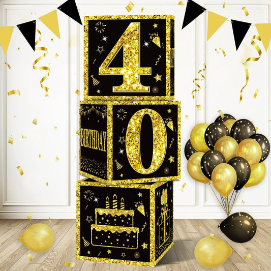 Eiurteao 3pcs 40th Birthday Decorations Boxes for Men Women, Black Gold Happy 40 Birthday Balloons Boxes Party Supplies, 40 Year Old Bday Theme Cardboard Box Decor