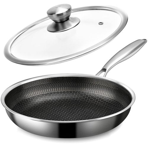 CADIVIZZO Stainless Steel Frying Pan with Lid - 11 Inch Nonstick Frying Pan with Lid, Honeycomb Stainless Steel Skillet Omelet Chef's Pan with Stay Cool Handle, Induction Compatible, PFOA Free