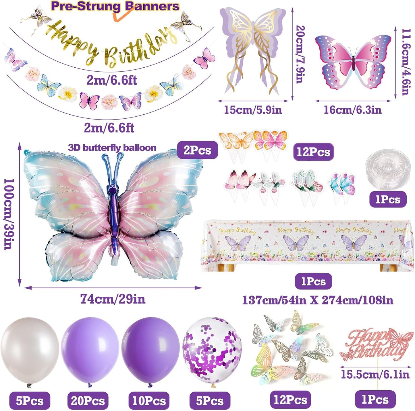 Butterfly Birthday Decoration - Purple Party Decor with Balloons & Happy Birthday Banner | 3D Stickers & Tablecloth