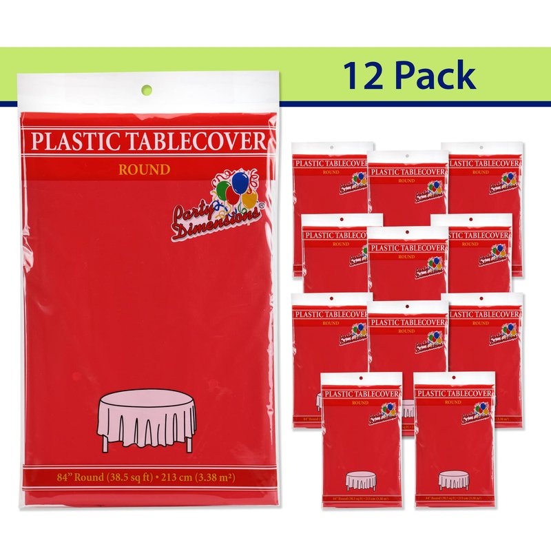 Party Dimensions Red Disposable Plastic Tablecloth for Round Tables (12 Pack) 84 inches Table Cloths for Parties, Events & Weddings, Indoors & Outdoors, Plastic Table Cover