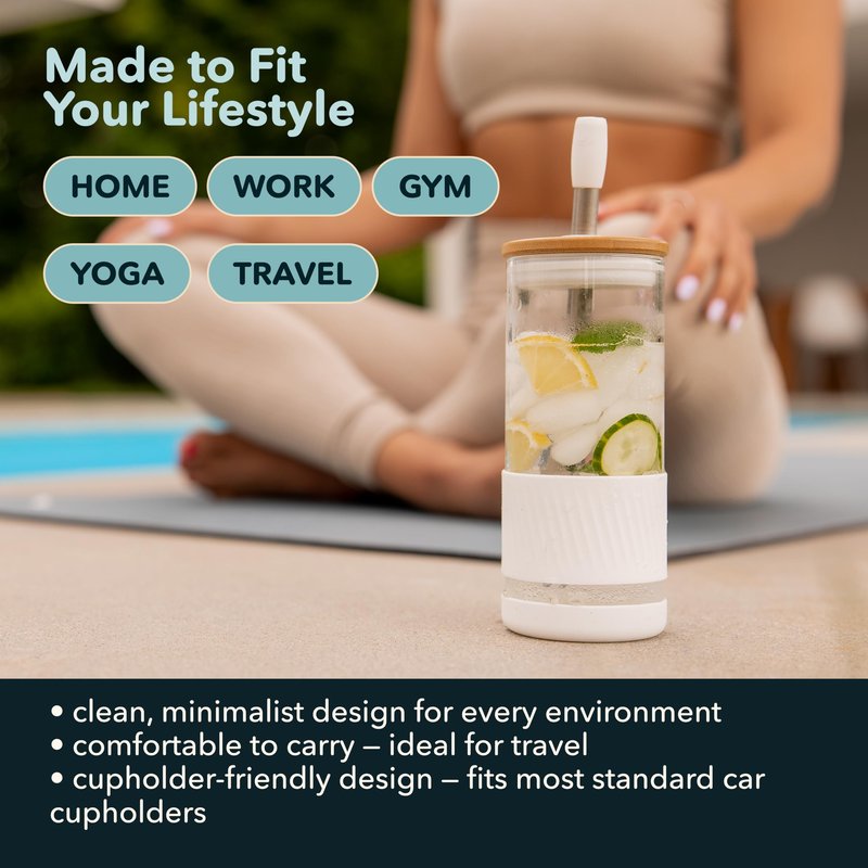 Pandaloo® Glass Cups With Lids and Straws -20 Fl Oz- Perfect Size Iced Coffee Cup - Smoothie Cup With Bamboo Lid and On the go Lid - (2 Count (Pack of 1), Black Saphir-Mediterranean Olive)