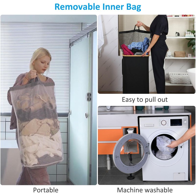 efluky Laundry Basket with Lid, 160L Tall Laundry Basket with Bamboo Handles for Clothes and Toys, Laundry Hamper with 2 Inner Bags for Bedroom, Bathroom and Laundry Room, Dove Gray