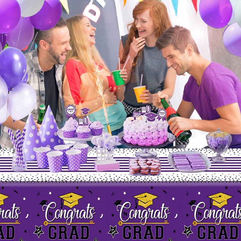 Graduation Tablecloth Party Decorations, 3 Pack Class of 2026 Congrats Grad Purple Graduation Party Tablecover Rectangle Plastic Table Cloth Disposable Table Covers Party Supplies, Large Size 54"x108"