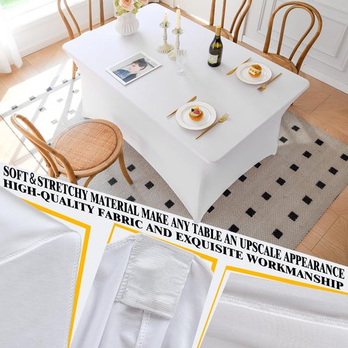 Famstar Table Cloth White 4FT Spandex Tablecloth for Rectangle Fitted Table Cloths Stretch Covers Washable Wrinkle Free Tablecloths for Festival Camping Picnic Wedding Party