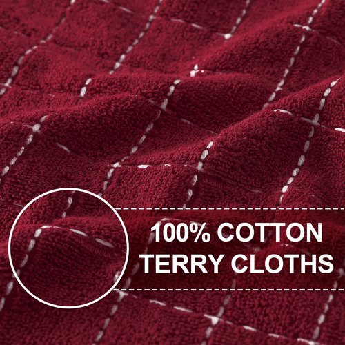 Homaxy 100% Cotton Terry Kitchen Towels(Burgundy Red, 13 x 28 inches), Checkered Designed, Soft and Super Absorbent Dish Towels, 4 Pack