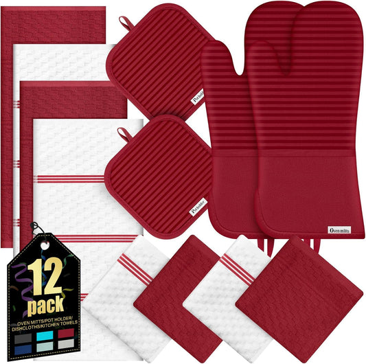 Skiennix Oven Mitts Set - 500°F Heat Resistant Gloves with Silicone Grip & Kitchen Towels | Red