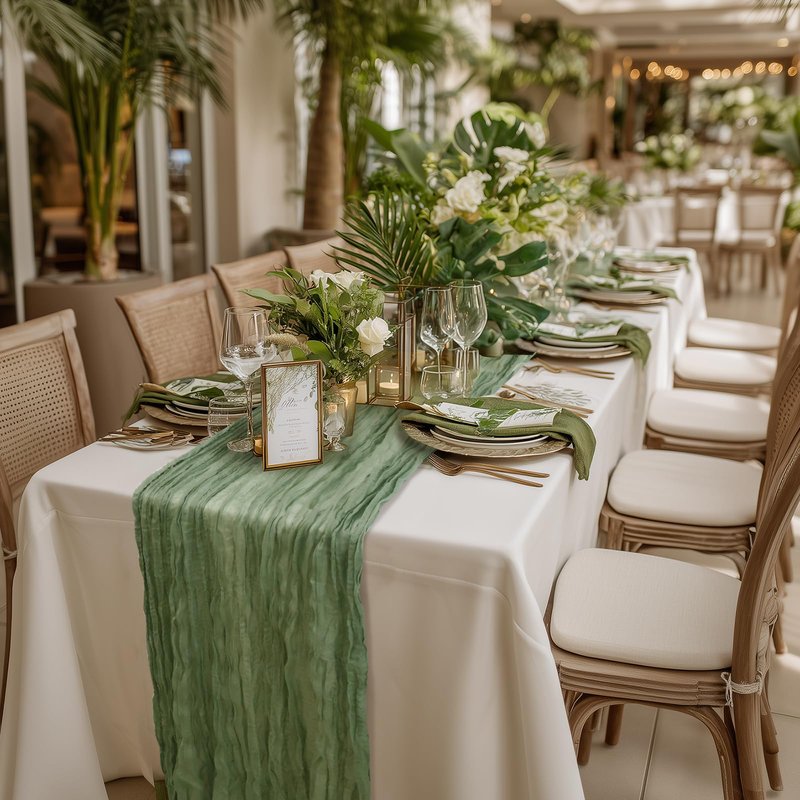 Sage Green Table Runner 35x120 Inch Cheesecloth Table Runner 3 Pack for Baby Shower, Boho Decor, Wedding Decoration, Jungle Theme Party