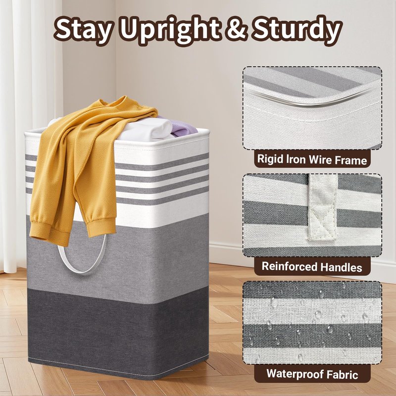 WOWBOX 2 Pack Laundry Baskets, Laundry Hampers, Freestanding Dirty Clothes Hampers with Reinforced Handles & Cross Stitch & Waterproof Coating, for Laundry Bedroom Bathroom Dorm,75L Grey