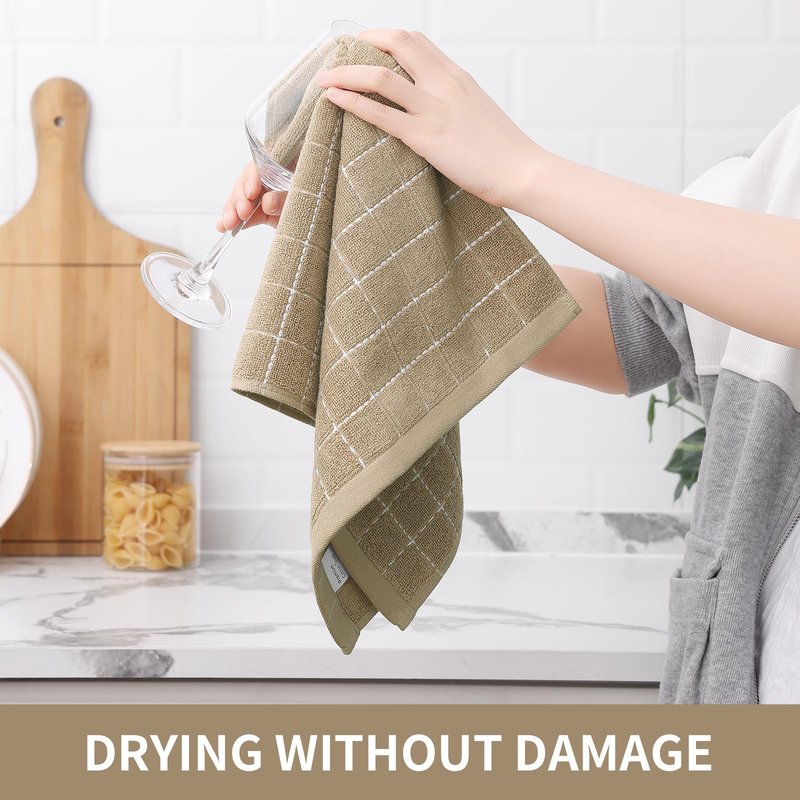 Homaxy 100% Cotton Terry Kitchen Towels(Tan, 13 x 28 inches), Checkered Designed, Soft and Super Absorbent Dish Towels, 4 Pack