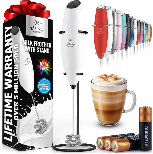 Zulay Kitchen Tornado Triple Whisk Milk Frother - Handheld Foam Maker for Coffee & Lattes - White & Black