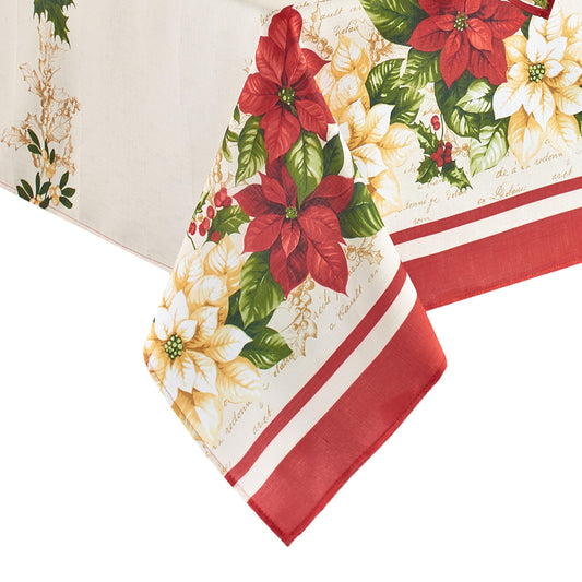 Elrene Home Fashions Red and White Poinsettia Holiday Wrinkle Resistant Fabric Tablecloth, 60" x 84" Rectangle, Multi