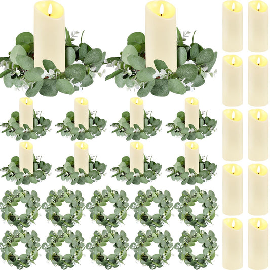 VIHOSE 10 Set Candle Rings Artificial Eucalyptus Leaves Wreaths with Flameless Candles Sets Boho Wreath Pillar Candleholders LED Pillar Battery Table Centerpieces for Wedding Home Party Decor