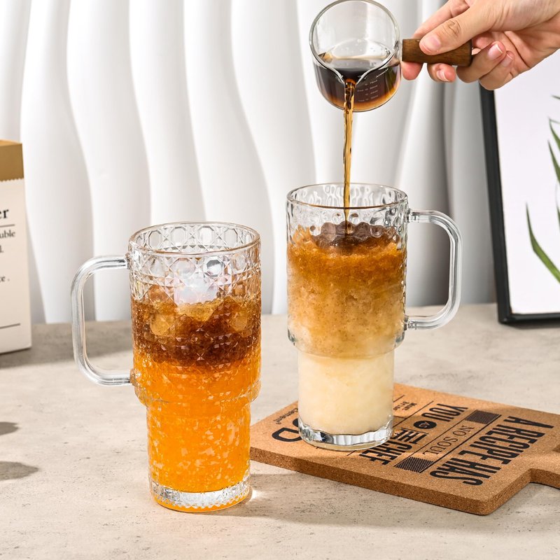 Oroklis 17oz Glass Tumbler with Handle & Lid – 2-Pack Iced Coffee Cups with Straws, Glass Mug for Cold & Hot Beverages Travel Cup for Smoothies, Tea, and Juice (clear-Glacial pattern-2pack)
