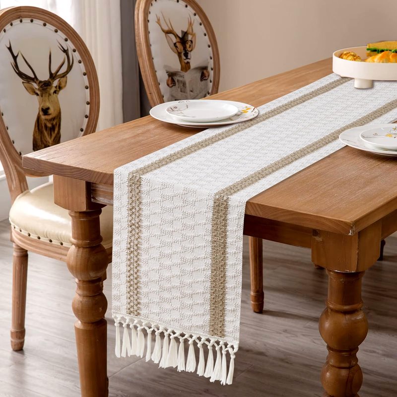 OTOSTAR Boho Table Runner with Tassels 48 Inches Long Farmhouse Rustic Table Runner Macrame Burlap Table Decoration for Home Decor Living Room Bridal Shower, Double Striped (12x48 Inches)