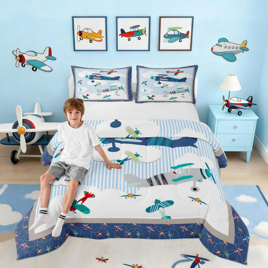 Castle Fairy Kids Airplane Full Size Comforter Set Blue Sky and White Clouds Bedding Set for Kids Adults Teens Aviation Aircraft Comforter Luxury Modern Airplane Quilt Set Room Decor 3Pcs