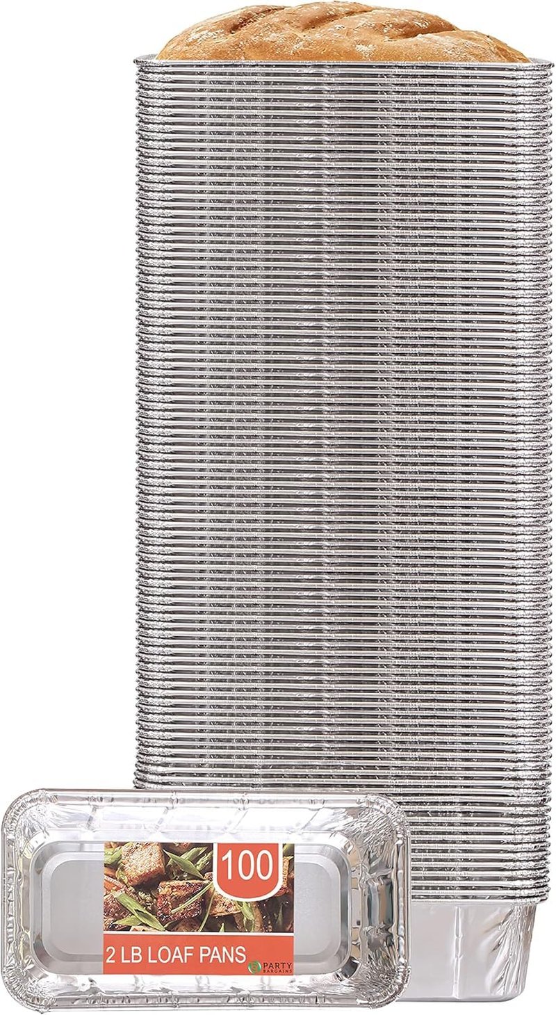 PARTY BARGAINS 2 lb Loaf Pans Disposable Aluminum Bread Tins, 100 Pack – Heavy-Duty Oven-Safe Bakeware (Max 240°C) for Bread Loaf, Meatloaf, Cakes, Parties & Events