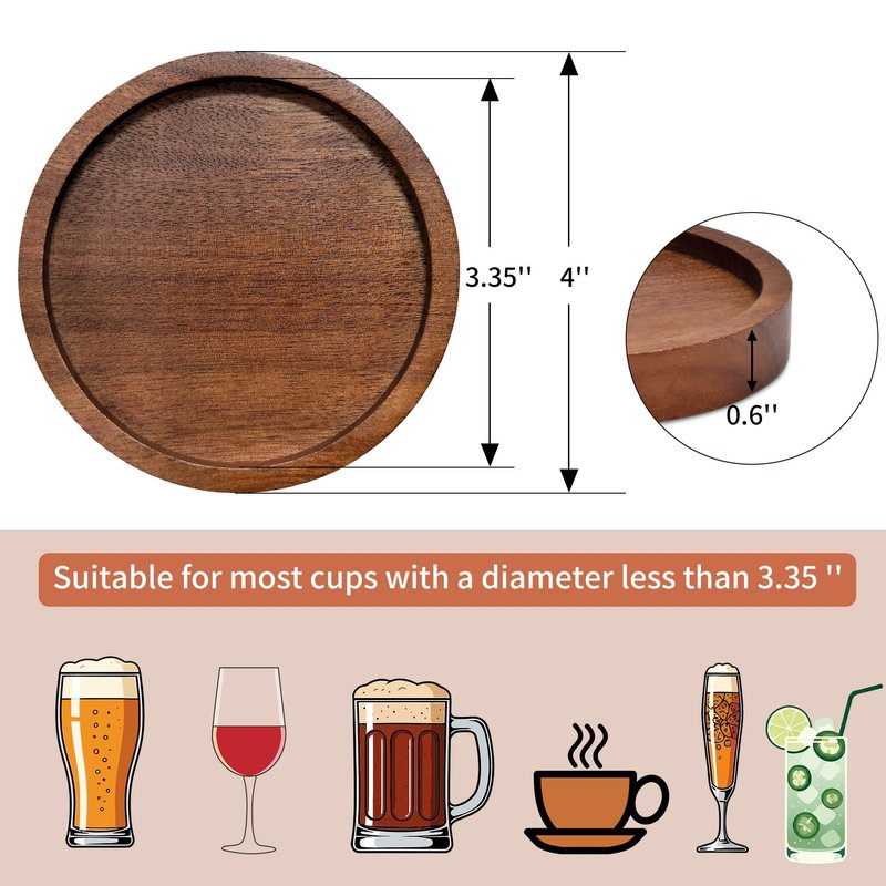 Wood Drink Coasters with Holder, Set of 4, Natural Absorbent Wooden Coasters for Drinks, Modern Rustic Farmhouse Office Bar Decor, Coffee Table Cup Coaster