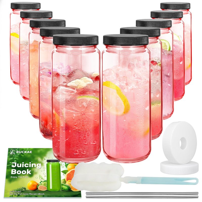 Ruckae Pink 16oz 10 Pack Juice Bottles, Glass Bottles Juicing with Lids, Smoothie Cup Lids and Straws, Water Bottle Mason Jar Drinking Glasses for Juicing, Smoothies, Kombucha