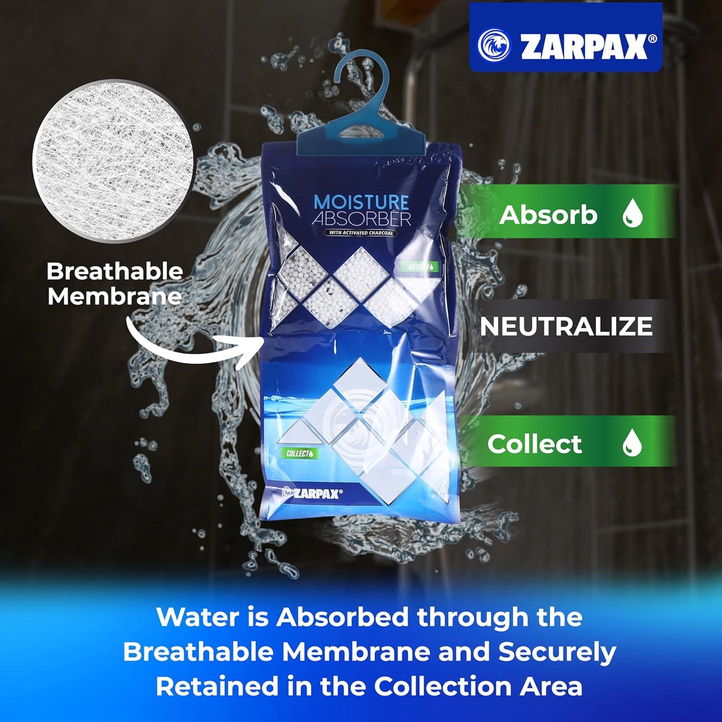 ZARPAX Activated Charcoal Moisture Absorber - 10.6 oz | Dehumidifier Bags for Bathroom, Closet & Kitchen | Eliminates Humidity & Odors | Set of 10