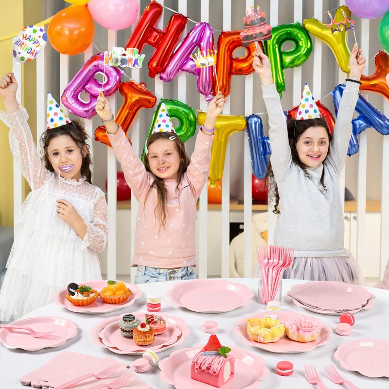 Houuqe 96 Pcs Pink Paper Plates and Napkins Set Party Supplies, Tableware set for 24 Guest include Disposable Pink Scalloped Plates, Napkins and Forks for Baby Shower Bridal Shower Wedding Birthday