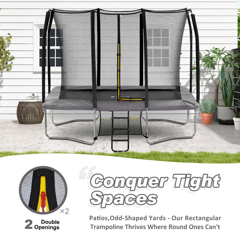 Exacme 7X10 8X12 9X14 Foot Rectangle Trampoline for Kids, Double Enclosure Openings, Small Outdoor Rectangular Trampoline with Enclosure Net, 4 Wind Stakes, Storage Bag, (Gary, 7×10 Feet)