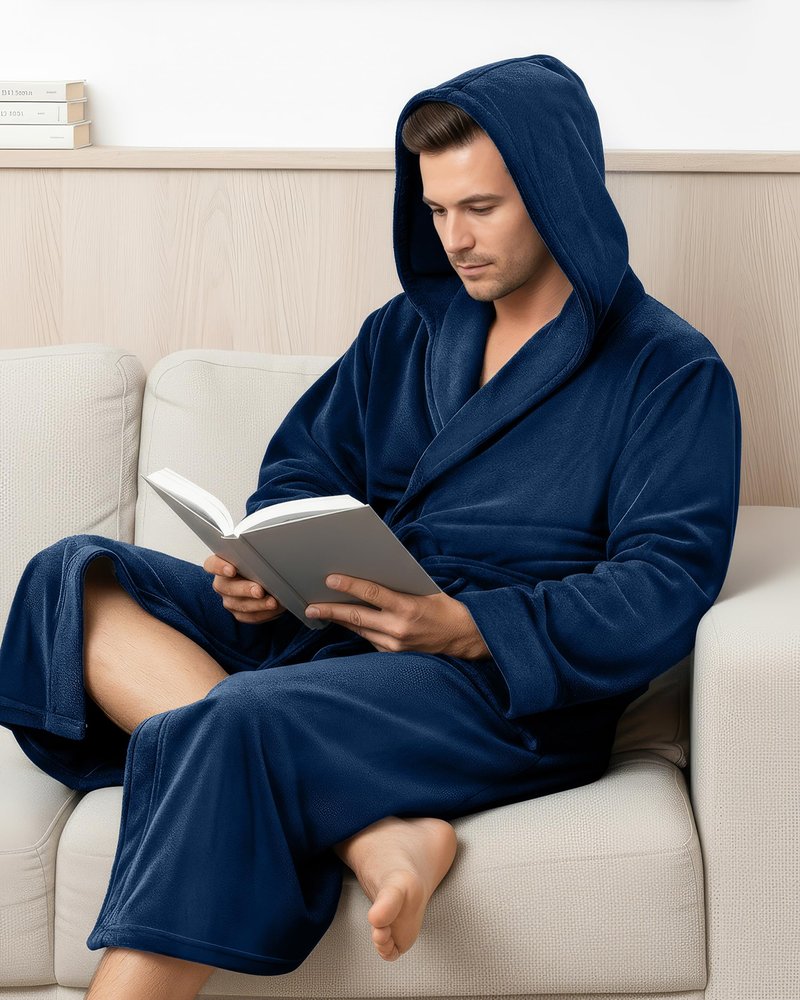 NY Threads Mens Robe with Hood, Luxury Plush Fleece Hooded Mens Bathrobe, Spa Bath Robe for Men, Large/X-Large, Navy