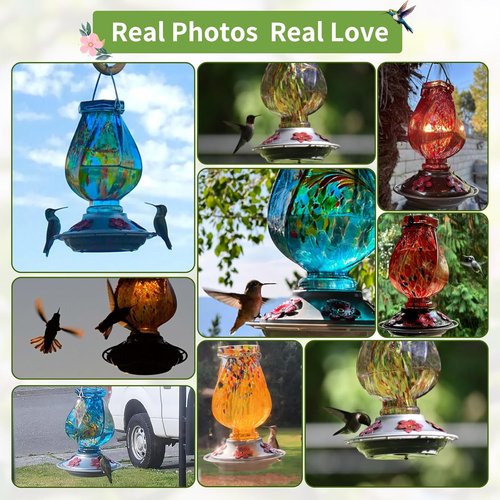 BOLITE Hummingbird Feeder - Hand Blown Glass with 5 Bee-Proof Ports & Ant Moat | 22oz Blue Outdoor Decor