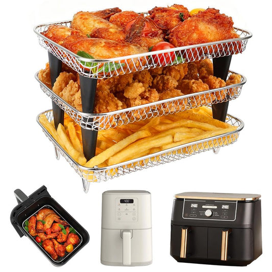 BYKITCHEN Air Fryer Rack for Ninja 8 QT DZ201/ SL201 DualZone Airfryer/Bella 4QT Slim Airfryer&More, 3pcs Stackable Stainless Steel Dehydrator Rack with Silicone Feet, Ninja Air Fryer Accessories