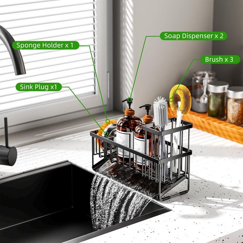 Cisily Extra Large Kitchen Sink Caddy Organizer - Rustproof Stainless Steel with Brush & Sponge Holder | Soap Dispenser Included
