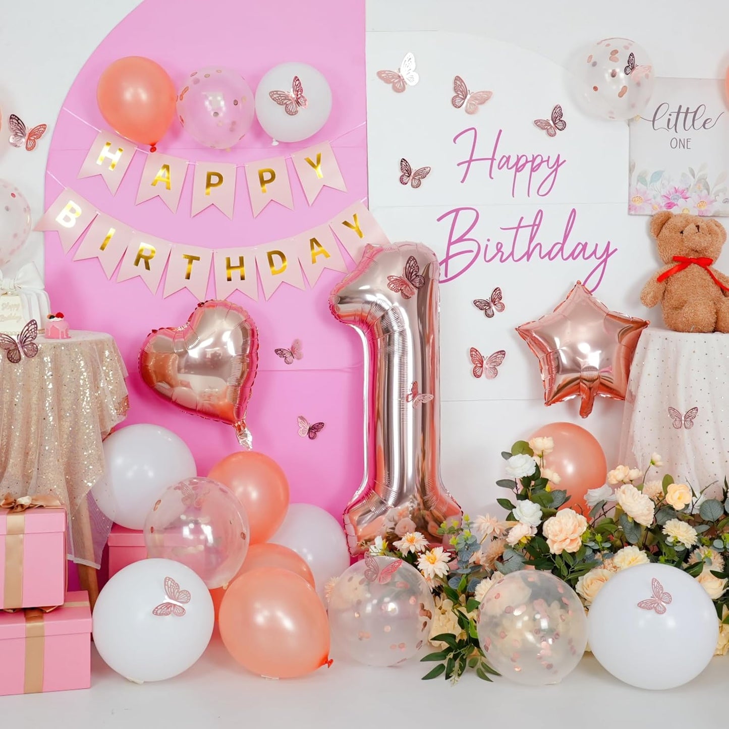 Regine Switzerland 1st Birthday Decoration - Rose Gold Balloon Set with Butterfly Stickers & Foil Balloons