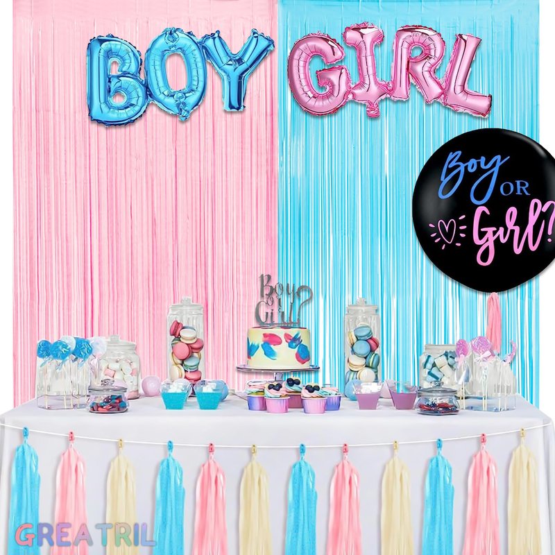 Pink and Blue Party Photo Backdrop - GREATRIL Foil Fringe Tinsel Streamers for Gender Reveal/Pastel/Easter/Birthdays Party Decorations - 3.2ft X 8.2ft - 2 Packs