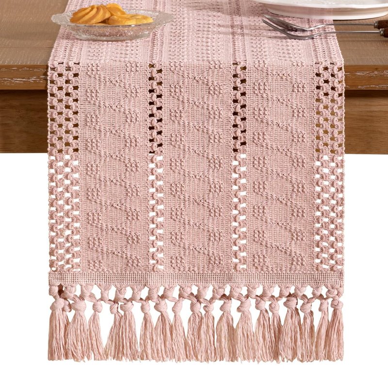 Socomi Boho Table Runner Easter Spring Farmhouse Rustic Dining Kitchen Centerpiece Decor Small Macrame Woven Cotton Linen Coffee Table Runner for Dresser Scarf Home Decor 12x72 in Pink