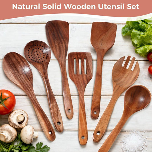 Wooden Spoons for Cooking - 7 Pieces Wooden Kitchen Utensils Set, Smooth Natural Teak Wood Utensil Set, Nonstick Heat-Resistant Cooking Utensils - Lightweight & Sturdy, Wooden Spatula for Cooking