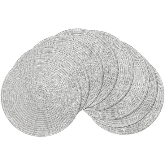 SHACOS Christmas Glitter Silver Placemats Set of 8 Sparkle Bling 15 inch Round Braided Table Mats Washable Place Mats for Dining Table Home Table Decor (Silver, 8)