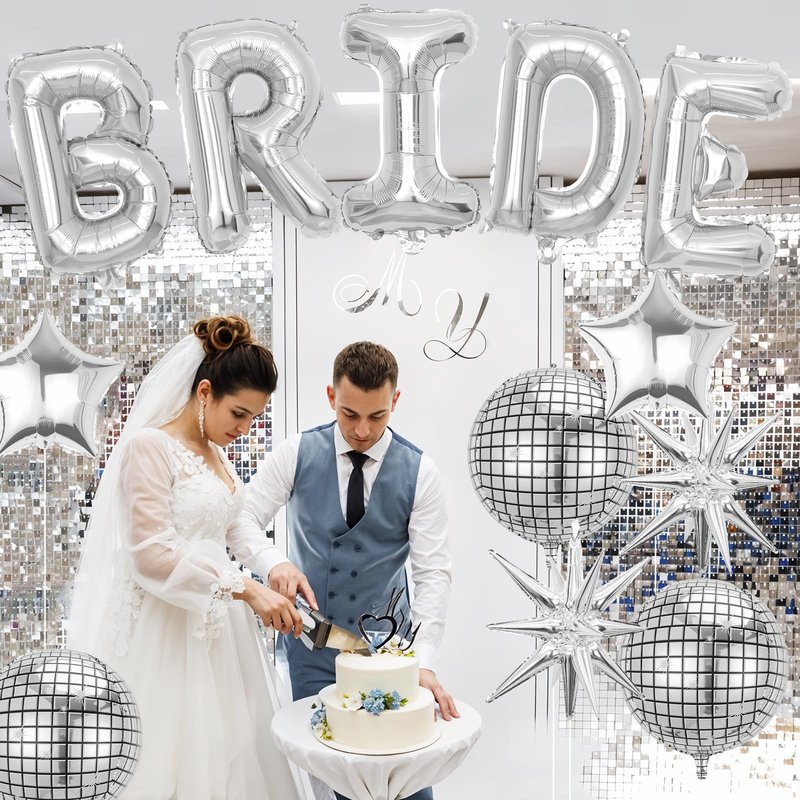 Silver Bride Balloons Bachelorette Party Decorations, 32in Silver Giant Bride Balloons with 4D Disco Ball Balloon and Star Foil Balloon for Bridal Shower Wedding Engagement Party Supplies