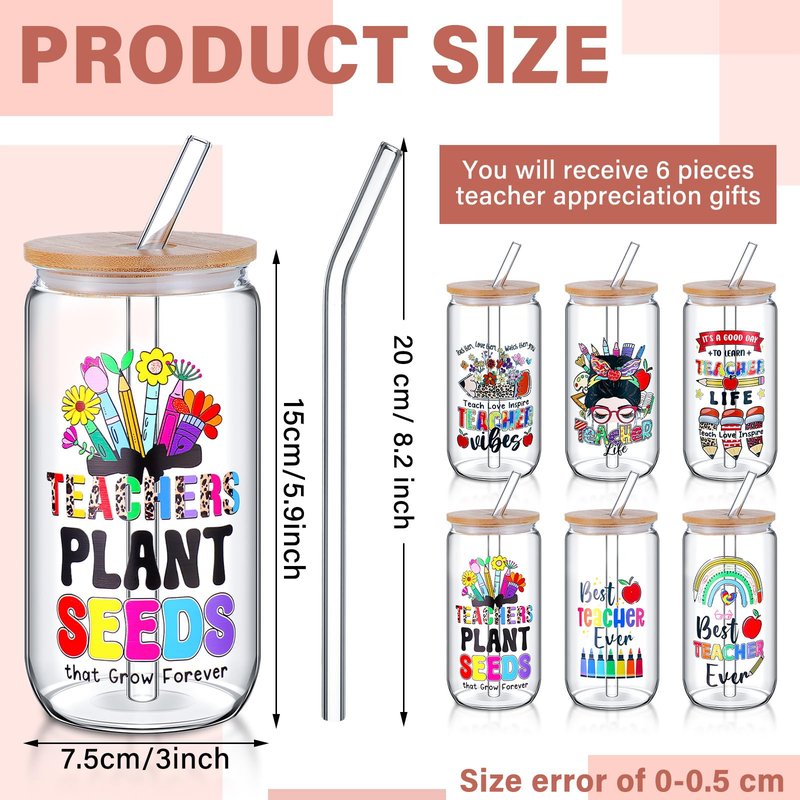 Uiifan 6 Pack 2026 Graduation Glass Cup Teacher Appreciation Gifts Bulk with Lids and Straws 16oz Drinking Drinkware Glasses Coffee Mugs Female Graduate Presents for Teacher