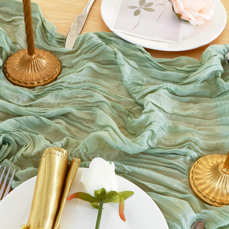 Sage Green Table Runner 35x120 Inch Cheesecloth Table Runner 3 Pack for Baby Shower, Boho Decor, Wedding Decoration, Jungle Theme Party