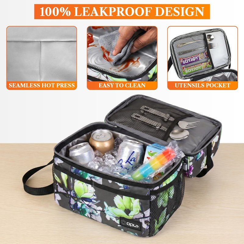 OPUX Insulated Lunch Bag for Women, Double Decker Leakproof Lunch Box Cooler Tote with Shoulder Strap, Large Lunchbox for Work School Travel Meal Prep, Adults Kids Men Girls Boys, Floral Gray, 16 Cans